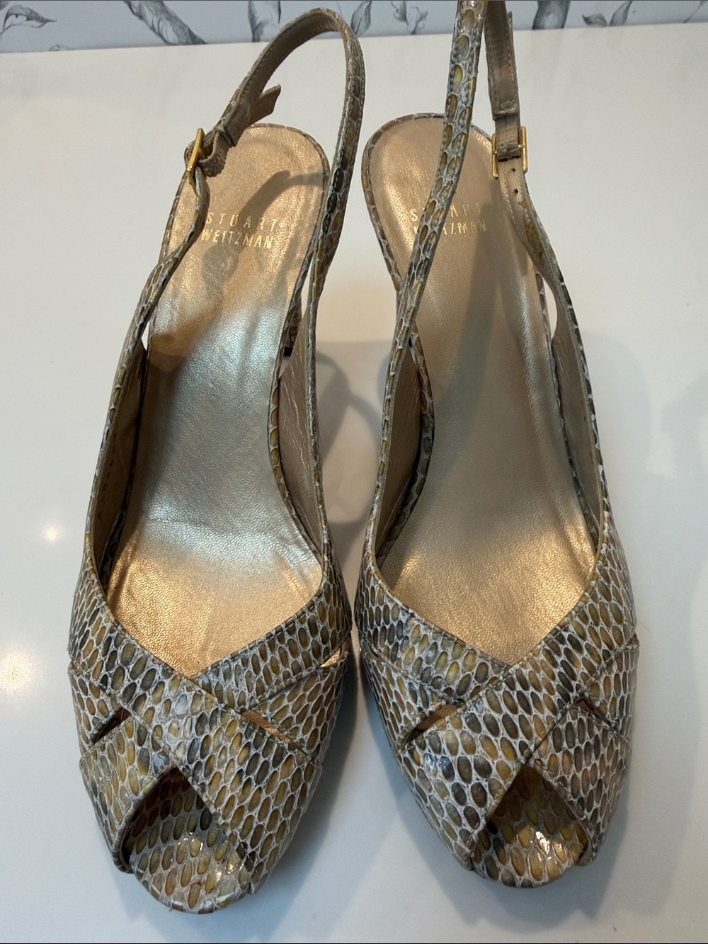 Stuart Weitzman Metallic Snake-Print Slingback Peep-Toe Pumps
